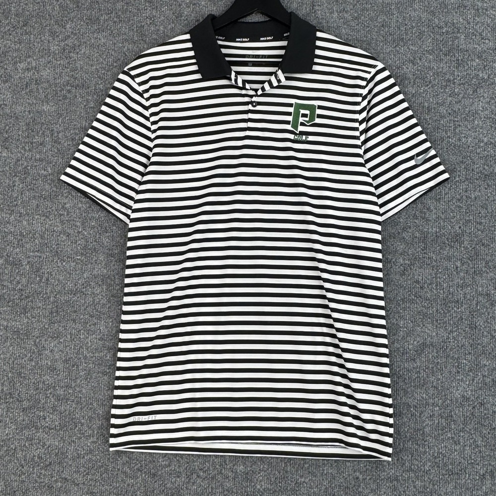 Nike Performance Polo Shirt Mens M Black White Stripe Golf Dri Fit Short Sleeve